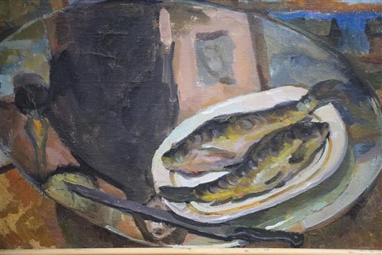 Mamohtobata, oil on canvas, Still life with fish on a plate, inscribed verso, 53 x 85cm